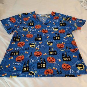Halloween Scrubs Size L Comfy Cotton BOO Trick or Treat Pumpkin Bats Candy Corn